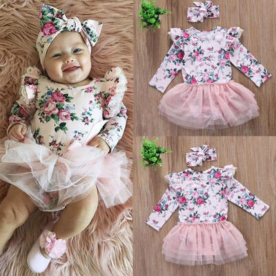

Newborn Baby Girls Floral Lace Pageant Tutu Lace Romper Headband 2Pcs Set Outfit