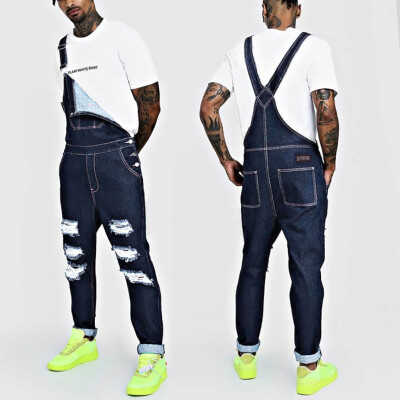 

Gobestart Mens Hole Pocket Jeans Overall Jumpsuit Streetwear Overall Suspender Pants