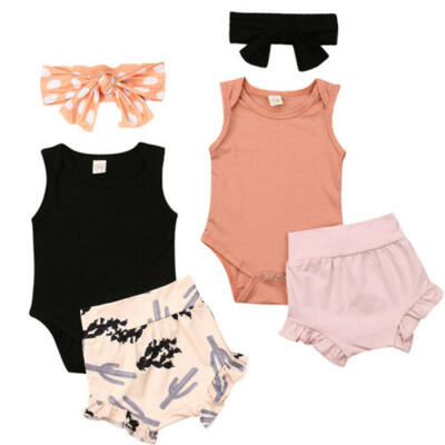 

Summer Newborn Baby Girl Clothes Cotton Romper Short Pants Headband Outfits Set
