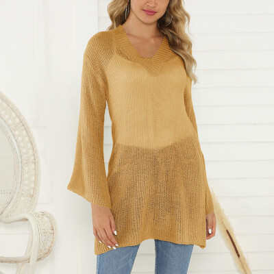 

〖Follure〗Women Casual V-Neck Pullover long Sleeve Hollow Long Loose Knitted Sweater Tops