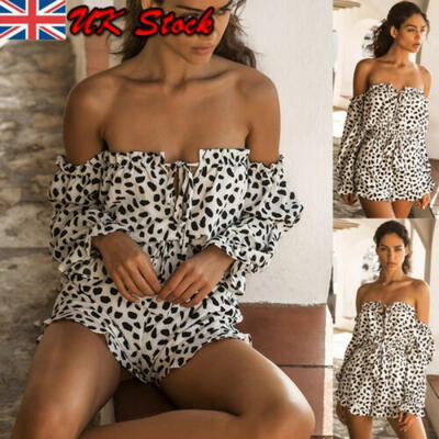 

Women Ladys Summer Off Shoulder Playsuit Romper Leopard Shorts Jumpsuit Trousers