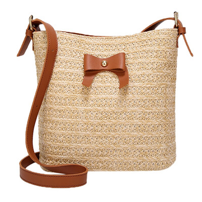 

Women Casual Shoulder Bag Bow Straw Bags Retro Handmade Woven Beach Bucket Bags Summer Holiday Crossbody Bag T30