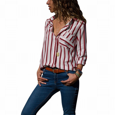 

Suit collar long sleeve button striped casual loose blouse top