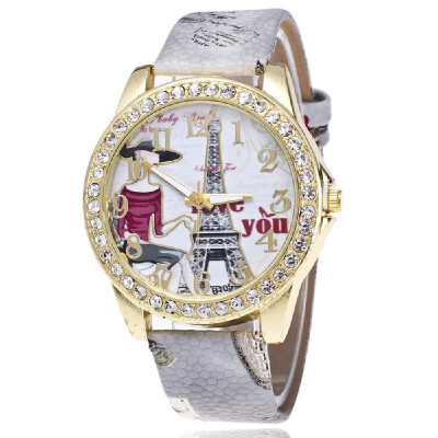 

Explosion-studded diamond Paris Eiffel Tower watch fashion digital belt ladies watch printed watches Pink