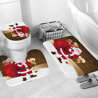 

Gobestart 3Pcs Christmas shower Curtain Bathroom Anti-slip Carpet Rug Toilet Cover Mat Set