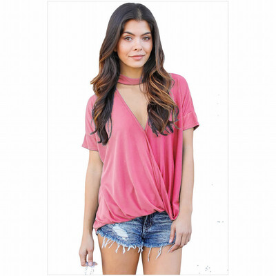 

High-neck short-sleeved V-shaped cutout loose top casual T-shirt