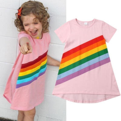 

Baby Girl Cotton Cute Princess Rainbow Stripes Short Sleeve Casual Fashion Dress Clothes