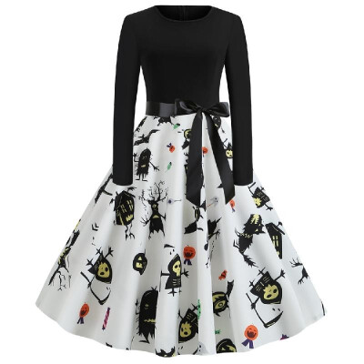 

Y4077 Cross-border Halloween womens autumn&winter round neck long-sleeved ghost ghost print with black ribbon big swing skirt