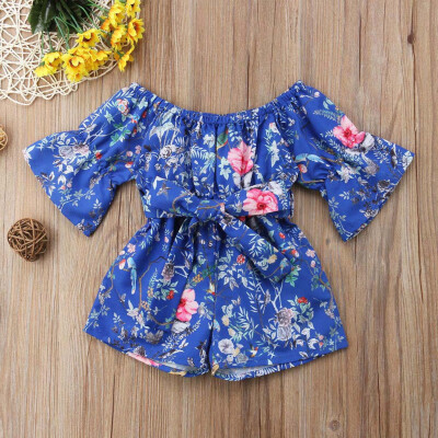 

Infant Toddler Baby Girls Off Shoulder Floral Print Bow Romper Jumpsuit Outfits