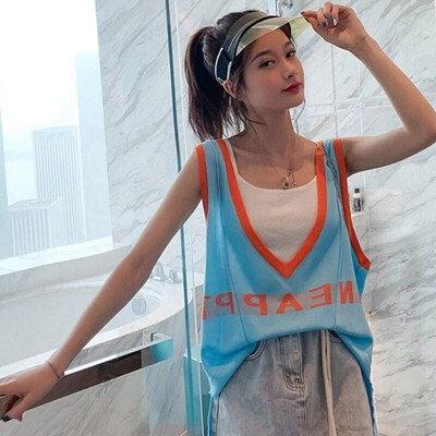 

Women Summer Sexy V Neck Sweet Caism Top Sleeveless Slim Letter Print Hollow Knit Short Vest Casual Loose Fashion Tank Top