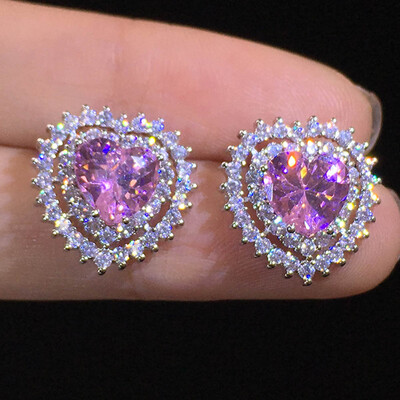 

Cute New Women Pink Sapphire Diamond Heart Stud Earrings Wedding Jewelry Gifts