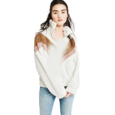 

Women Long-Sleeves Autumn Winter Zipper Polar-Fleece Contrast Color Coat