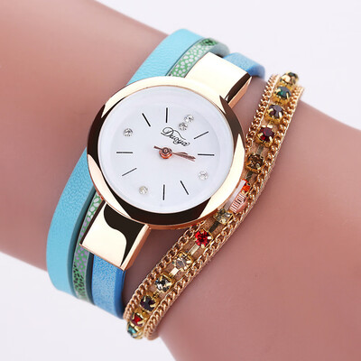 

Korean version of the watch small fresh colorful rhinestone PU leather winding bracelet watch casual small dial female fashion watch