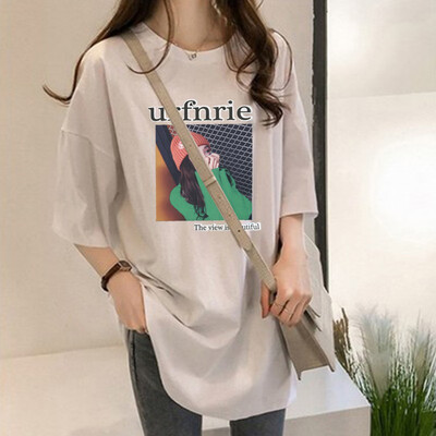 

Women Summer Round Collar Cartoon Print Loose Half Sleeve Casual T-Shirt Simple Wild Tops