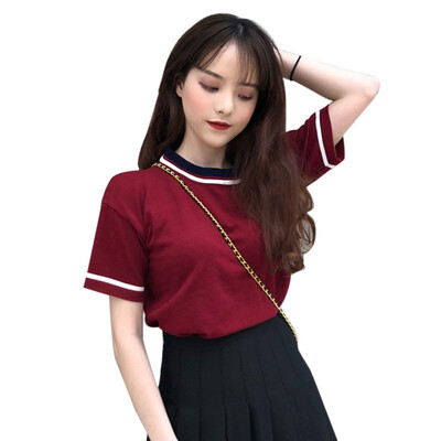 

Women Casual Color block Short T shirt Femme Style O Collar Short Sleeve Knitted Tops