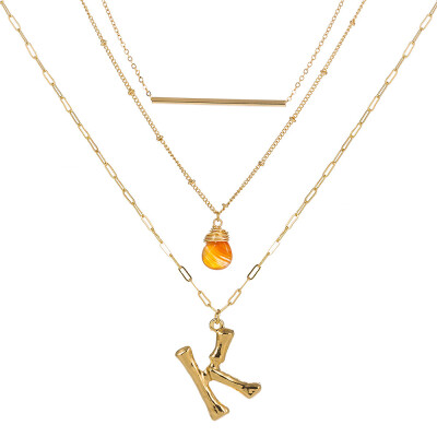 

Small Orange stone Gold Metal Bamboo 2cm 26 Letter Alphabet A-Z Minimalist Initial Pendant Necklace Fashion Twist Chain Jewelry