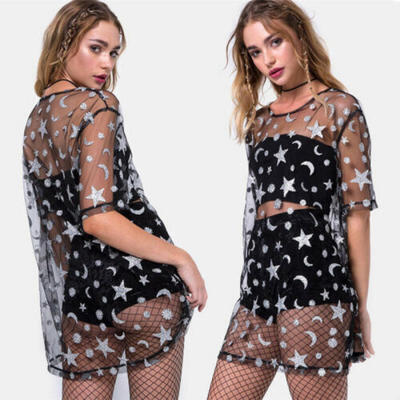 

AU Women Summer Sheer Mesh Floral Bikini Cover Up Beach Party Cocktail Dress Top