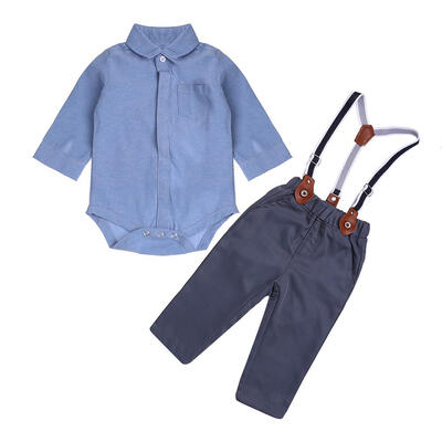 

2pcs Spring Baby Boys Clothes Set Long Sleeve Pocket Solid Romper Overalls