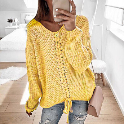 

Women V Neck Long Sleeve Sweater Lace Up Knitted Jumper Plus Size Pullover Tops