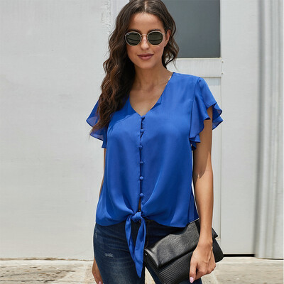 

Womens solid color shirt V-neck short-sleeved knotted top