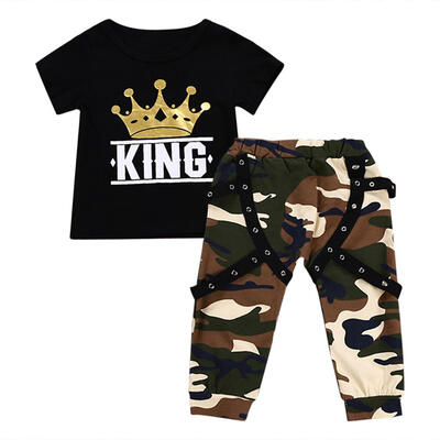 

2pcsSet Cotton Crown Print Short Sleeve Boys Basic T-shirt Elastic Pants