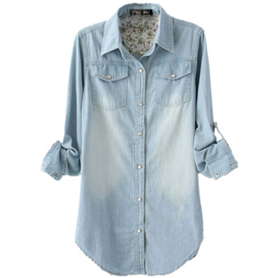 

Women Fashion Denim Long Sleeve Long Single-breasted Turndown Collar Loose All-match Casual Jacket Shirt