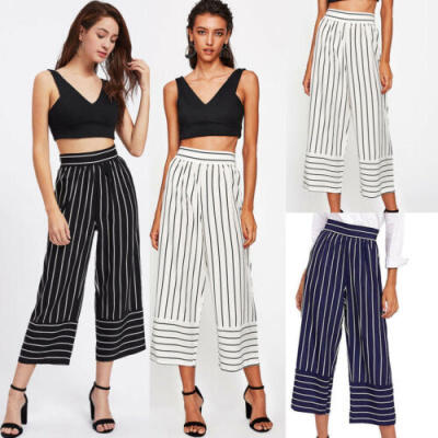 

Fashion Women Casual High Elastic Waist Pants Wide Leg Loose Striped Trousers NE