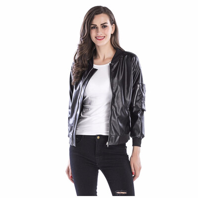 

Toponeto Women Autumn Winter Trend Zipper Leather Jacket Stand Collar Black Coat
