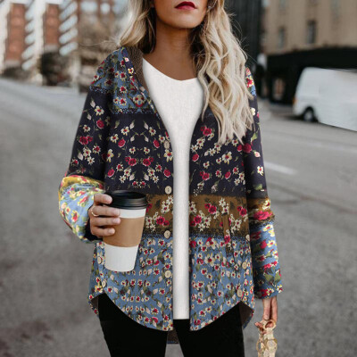 

Toponeto Plus Size Women Vintage Floral Printed Long Sleeve Button Hooded Coats Outwear