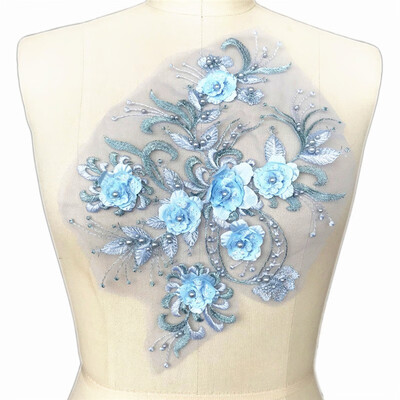 

Crystal Rhinestones Beaded Sequined Blue Lace Patch Applique Motif Sew on Clothes Women Evening Dress Polychromatic Option