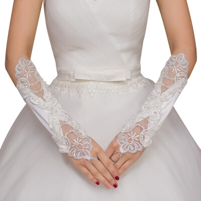 

Popular Bride Wedding Dress White Gloves Short Gloves Beads Lace Fingerless Gloves