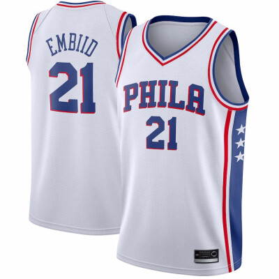 

2019 New Mens Philadelphia 76ers 21 Joel Embiid Red White Gray Blue Basketball Jersey Size -XXL