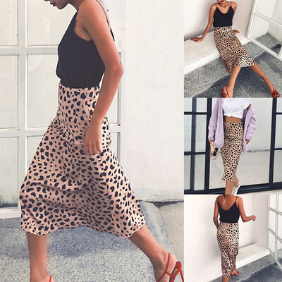 

Roseonmyhand Women Fashion Leopard Print High Waist Slim A-Line Medium-Length Skirt