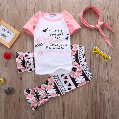 

3pcs Baby Girls Kids Pink Casual Tops T-shirtPants Headband Outfits Flower Clothes Set Age 1-6Y