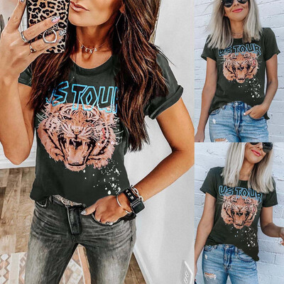 

Nomeni Fashion Women Casual O-Neck Tops Short Sleeve Letter Tiger Printed T-Shirt