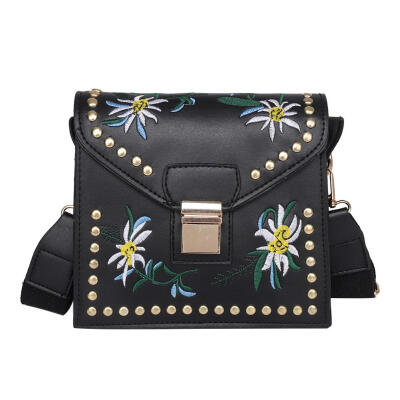 

Women Rivet Flower Embroideried Shoulder Bags Leather Flap Crossbody Bag