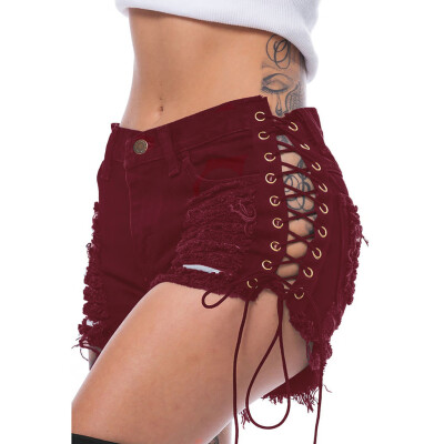 

〖Follure〗Women Hole Sexy High Waist Zip Bandages Skinny Denim Lace Up Mini Shorts Jeans