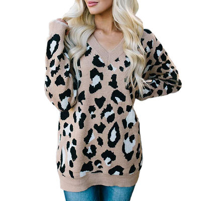 

Women Autumn Concise Casual All-match Leopard Printed V-collar Long Sleeve Sweater