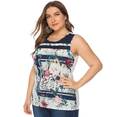 

Nomeni Womens Plus Size Casual O-neck Sleeveless Print Stitching Loose T-shirt