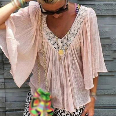 

Women Flare Half Sleeve Boho Tops Summer Ladies Loose V-neck Casual Shirt Blouse