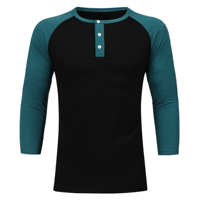 

Toponeto Mens Slim Fit Casual Patchwork Button 34 Sleeve O-Neck T-Shirt Top Blouse
