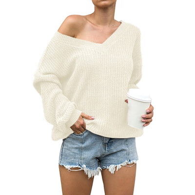 

Women Autumn Sexy Fashion Concise All-match Solid Color V-collar Loose Long Sleeve Sweater