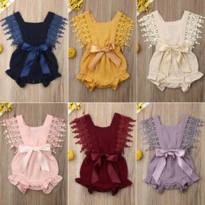 

UK Solid Newborn Kid Girl Summer Clothes Lace Jumpsuit Bow Romper Bodysuit 0-24M