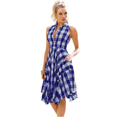 

Summer Womens Sleeveless Irregular Casual Plaid Dress