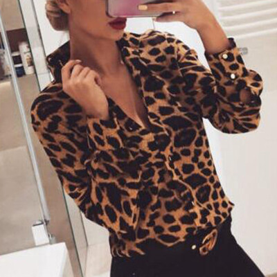 

2019 Women V Neck Leopard Print Long Sleeve Chiffon Loose T Shirt Tops Blouse