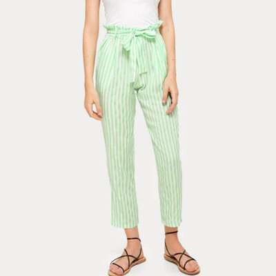 

Women High Waist Pants Women Bowtie Elastic Waist Stripe Casual Pants
