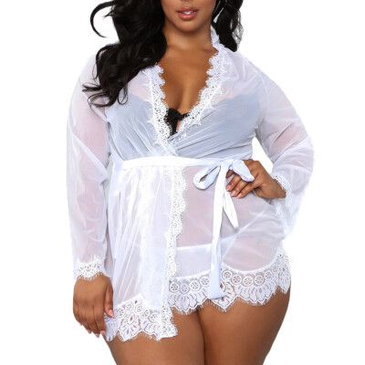 

Toponeto Women V-neck Lace Sexy Lingerie Underwear Bathrobe Mesh Robe With Thong Belt