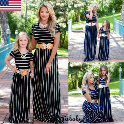 

US Mother&Daughter Dress Striped Matching Mom Girls Madi Dress Family Skirt