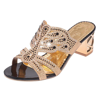 

Rose Women Rhinestone Slippers For Women Fashion Open Toe Shoes Bohemia Heels