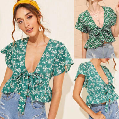 

Women Summer Floral Short Sleeve Low-cut Ladies Casual Top Blouse Beach Holiday